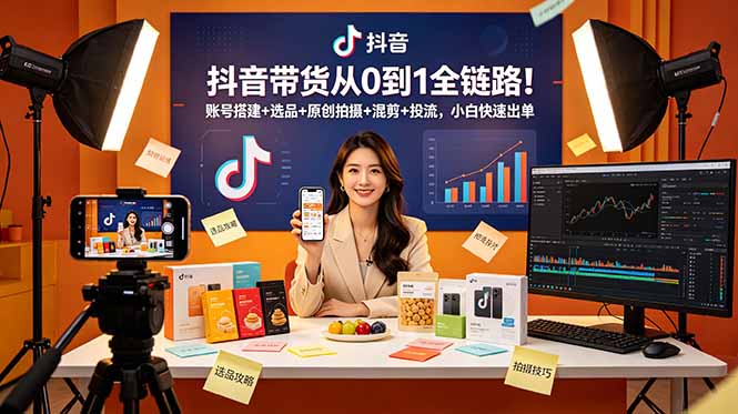 抖音带货从0到1全链路！账号搭建+选品+原创拍摄+混剪+投流，小白快速出单青祥项目库-闲云创业网-老谢轻创网-中创网-福缘网-冒泡网-资源之家-魔方项目库青祥项目库