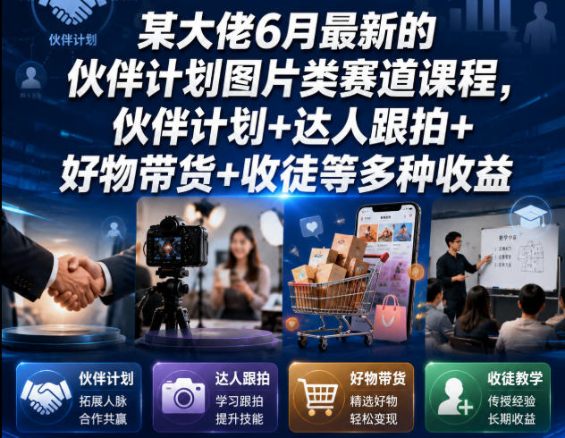 某大佬6月最新的伙伴计划图片类赛道课程，伙伴计划+达人跟拍+好物带货+收徒等多种收益青祥项目库-闲云创业网-老谢轻创网-中创网-福缘网-冒泡网-资源之家-魔方项目库青祥项目库