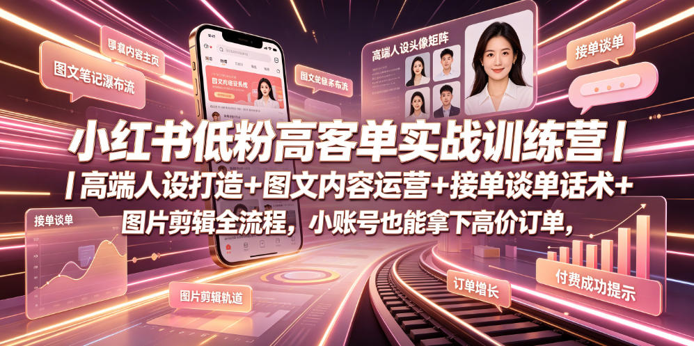小红书低粉高客单实战训练营｜高端人设打造+图文内容运营+接单谈单话术+图片剪辑全流程，小账号也能拿下高价订单青祥项目库-闲云创业网-老谢轻创网-中创网-福缘网-冒泡网-资源之家-魔方项目库青祥项目库