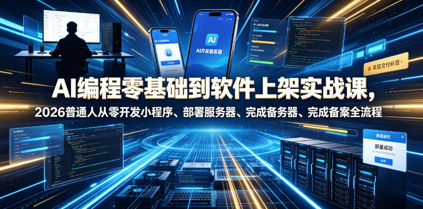 AI编程零基础到软件上架实战课，2026普通人从零开发小程序、部署服务器、完成备案全流程项目落地教程青祥项目库-闲云创业网-老谢轻创网-中创网-福缘网-冒泡网-资源之家-魔方项目库青祥项目库
