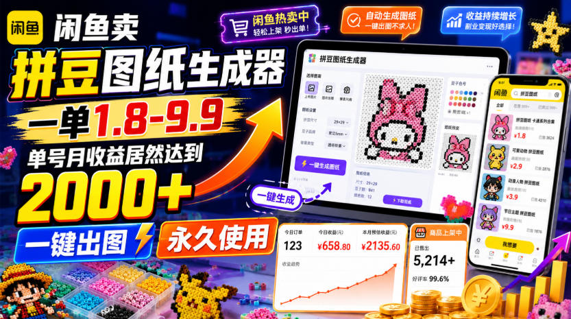 闲鱼卖拼豆图纸生成器，一单1.8-9.9，单号月收益居然达到2000+一键出图永久使用青祥项目库-闲云创业网-老谢轻创网-中创网-福缘网-冒泡网-资源之家-魔方项目库青祥项目库