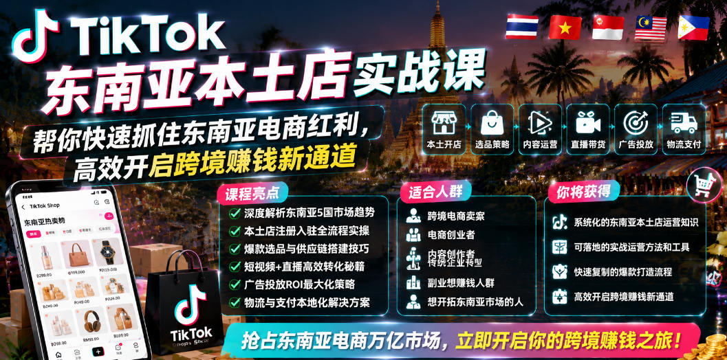 TikTok东南亚本土店实战课，帮你快速抓住东南亚电商红利，高效开启跨境賺钱新通道青祥项目库-闲云创业网-老谢轻创网-中创网-福缘网-冒泡网-资源之家-魔方项目库青祥项目库