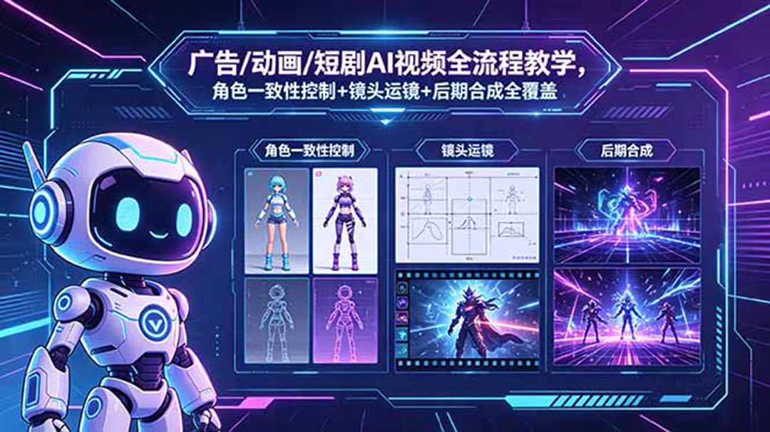 广告/动画/短剧AI视频全流程教学，角色一致性控制+镜头运镜+后期合成全覆盖青祥项目库-闲云创业网-老谢轻创网-中创网-福缘网-冒泡网-资源之家-魔方项目库青祥项目库