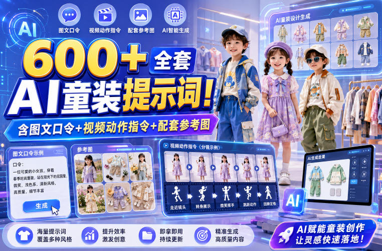 600+全套AI童装提示词！含图文口令+视频动作指令+配套参考图，Word-Excel规整分类，童装电商、种草无脑量产内容！青祥项目库-闲云创业网-老谢轻创网-中创网-福缘网-冒泡网-资源之家-魔方项目库青祥项目库