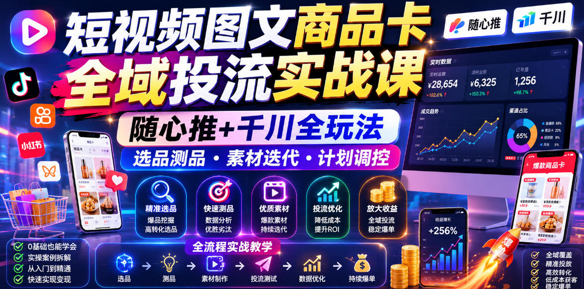短视频图文商品卡全域投流实战课，随心推+千川全玩法，选品测品・素材迭代・计划调控，提升ROI爆单增收教程青祥项目库-闲云创业网-老谢轻创网-中创网-福缘网-冒泡网-资源之家-魔方项目库青祥项目库
