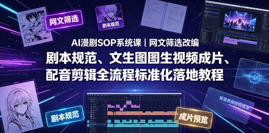 AI漫剧SOP系统课｜网文筛选改编、剧本规范、文生图图生视频成片、配音剪辑全流程标准化落地教程青祥项目库-闲云创业网-老谢轻创网-中创网-福缘网-冒泡网-资源之家-魔方项目库青祥项目库
