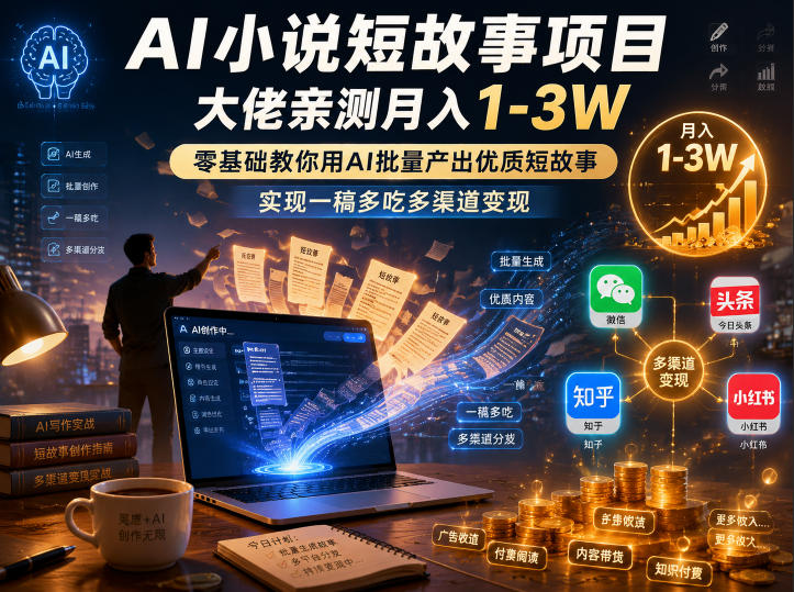 AI小说短故事项目，大佬亲测月入1-3W，零基础教你用AI批量产出优质短故事，实现一稿多吃多渠道变现(更新0624)青祥项目库-闲云创业网-老谢轻创网-中创网-福缘网-冒泡网-资源之家-魔方项目库青祥项目库