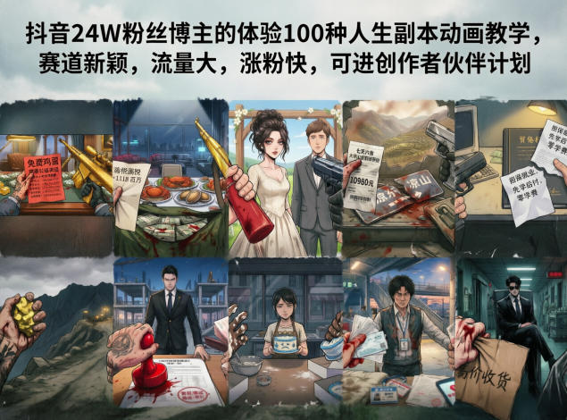 抖音24W粉丝博主的体验100种人生副本动画教学，赛道新颖，流量大，涨粉快，可进创作者伙伴计划青祥项目库-闲云创业网-老谢轻创网-中创网-福缘网-冒泡网-资源之家-魔方项目库青祥项目库
