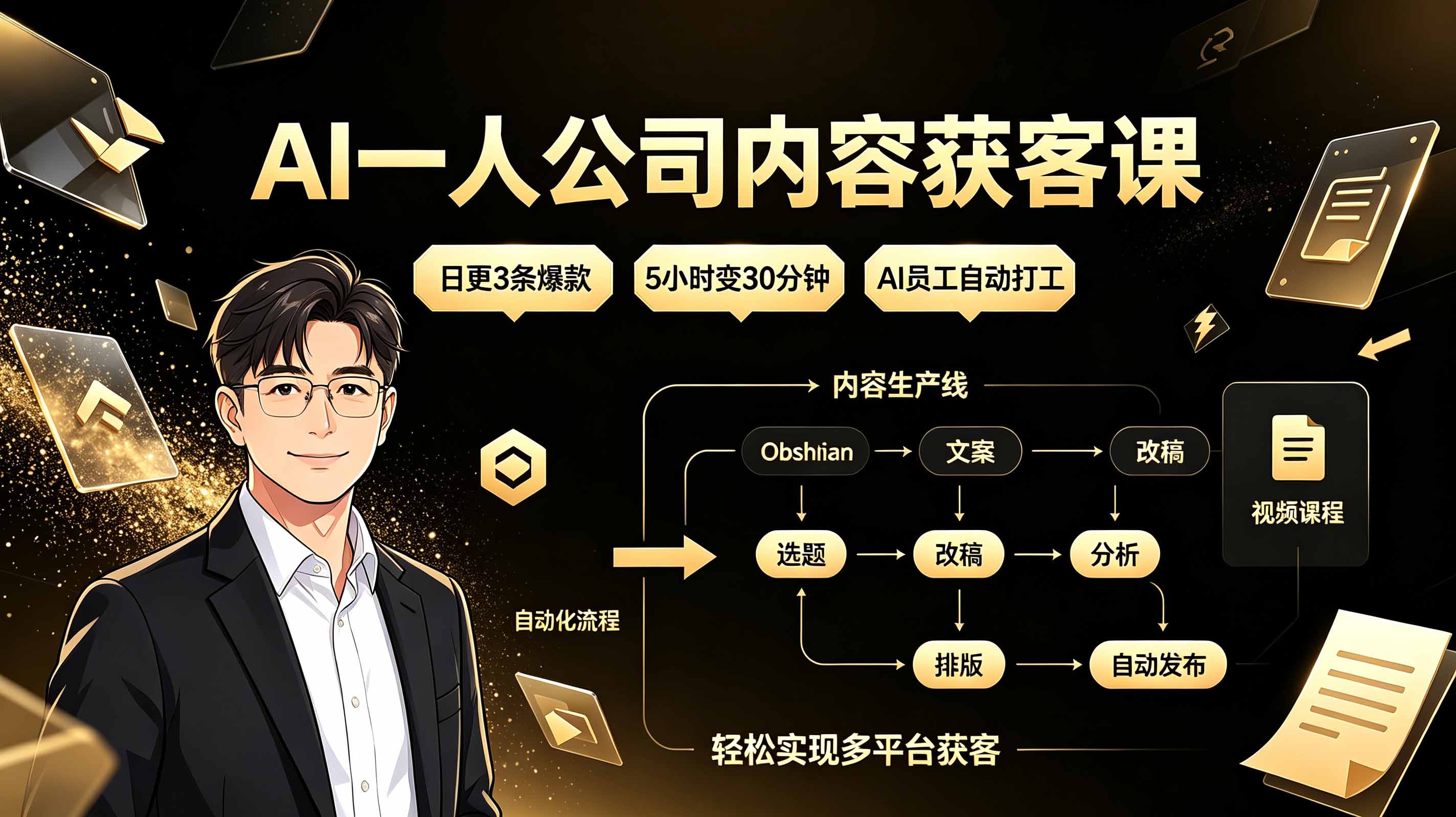 AI一人公司内容获客课：日更3条爆款×5小时变30分钟×AI员工自动打工，轻松实现多平台获客青祥项目库-闲云创业网-老谢轻创网-中创网-福缘网-冒泡网-资源之家-魔方项目库青祥项目库