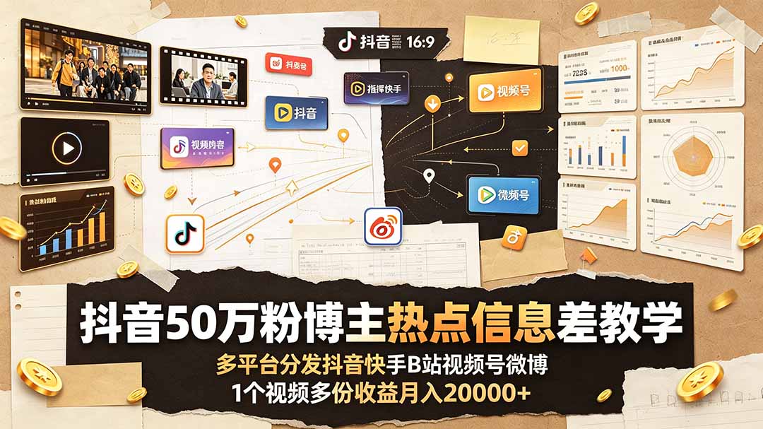 抖音50万粉博主热点信息差教学：多平台分发抖音快手B站视频号微博，1个视频多份收益月入20000+青祥项目库-闲云创业网-老谢轻创网-中创网-福缘网-冒泡网-资源之家-魔方项目库青祥项目库