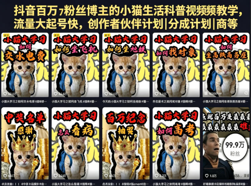 抖音百万粉丝博主的小猫生活科普视频教学，流量大起号快，创作者伙伴计划|分成计划|商单|收徒等青祥项目库-闲云创业网-老谢轻创网-中创网-福缘网-冒泡网-资源之家-魔方项目库青祥项目库