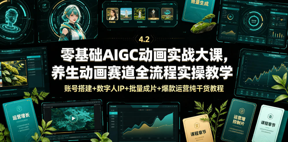 零基础AIGC动画实战大课，养生动画赛道全流程实操教学，账号搭建+数字人IP+批量成片+爆款运营纯干货教程青祥项目库-闲云创业网-老谢轻创网-中创网-福缘网-冒泡网-资源之家-魔方项目库青祥项目库