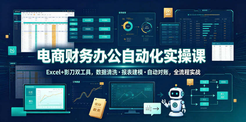 电商财务办公自动化实操课，Excel+影刀双工具，数据清洗・报表建模・自动对账，全流程实战青祥项目库-闲云创业网-老谢轻创网-中创网-福缘网-冒泡网-资源之家-魔方项目库青祥项目库
