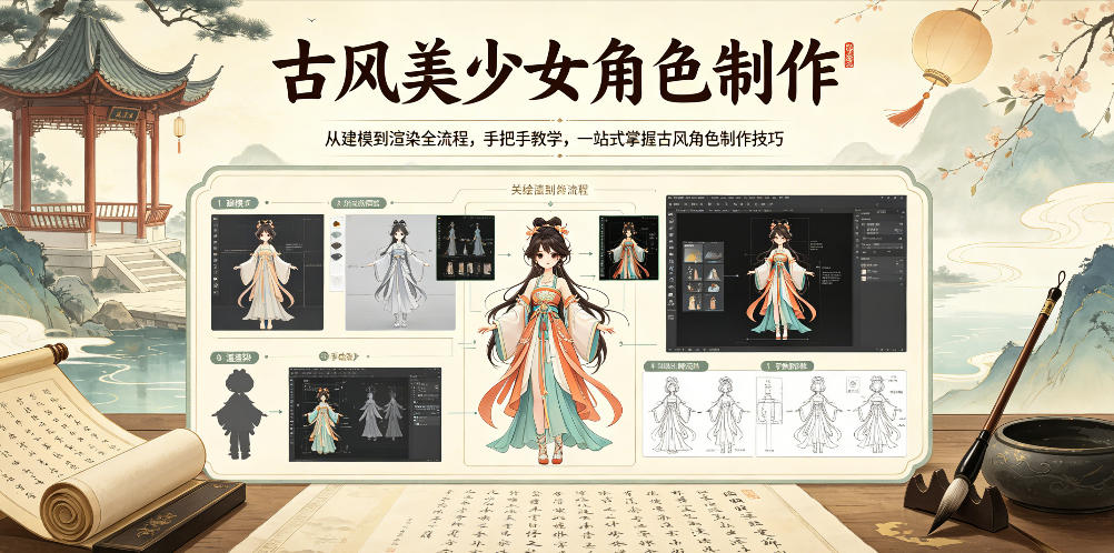 古风美少女角色制作，从建模到渲染全流程，手把手教学，一站式掌握古风角色制作技巧青祥项目库-闲云创业网-老谢轻创网-中创网-福缘网-冒泡网-资源之家-魔方项目库青祥项目库
