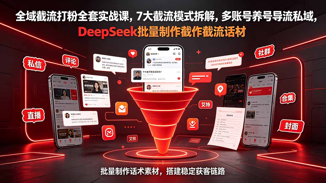 全域截流打粉全套实战课，7大截流模式拆解，多账号养号导流私域，DeepSeek批量制作截流话术素材青祥项目库-闲云创业网-老谢轻创网-中创网-福缘网-冒泡网-资源之家-魔方项目库青祥项目库
