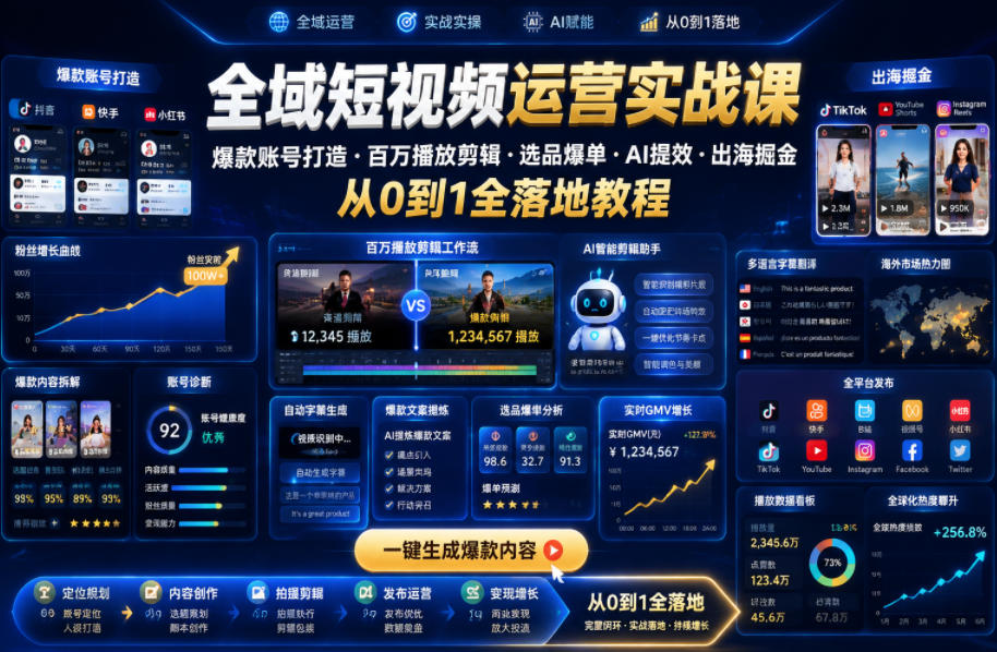全域短视频运营实战课，爆款账号打造・百万播放剪辑・选品爆单・AI提效・出海掘金，从0到1全落地教程青祥项目库-闲云创业网-老谢轻创网-中创网-福缘网-冒泡网-资源之家-魔方项目库青祥项目库