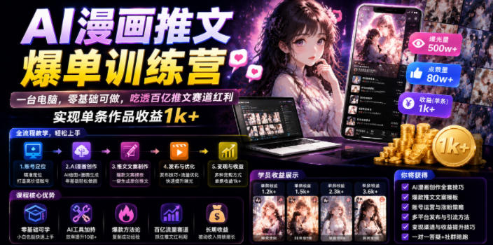 AI漫画推文爆单训练营，一台电脑，零基础可做，吃透百亿推文赛道红利，实现单条作品收益1k+青祥项目库-闲云创业网-老谢轻创网-中创网-福缘网-冒泡网-资源之家-魔方项目库青祥项目库