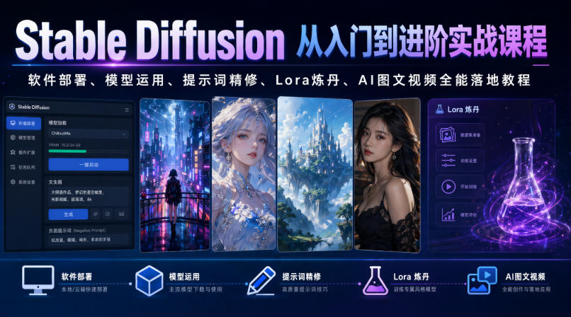 Stable Diffusion从入门到进阶实战课程｜软件部署、模型运用、提示词精修、Lora炼丹、AI图文视频全能落地教程青祥项目库-闲云创业网-老谢轻创网-中创网-福缘网-冒泡网-资源之家-魔方项目库青祥项目库
