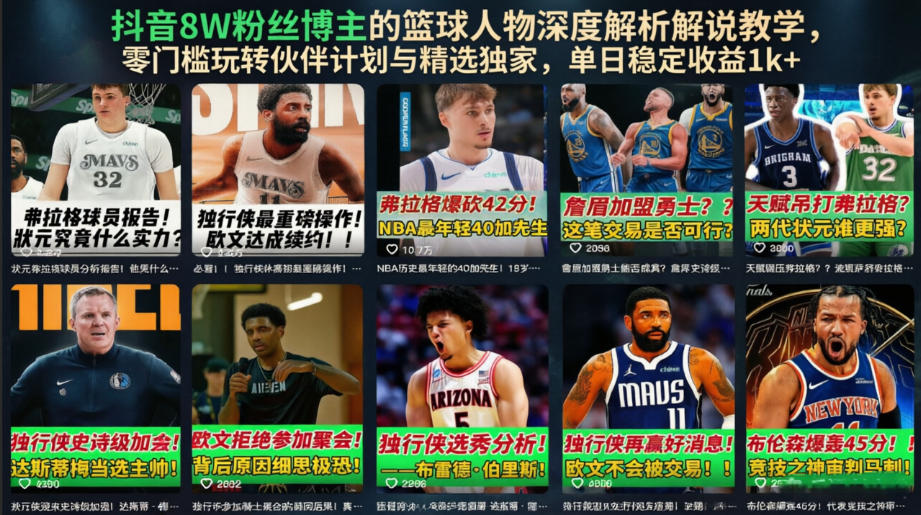 抖音8W粉丝博主的篮球人物深度解析解说教学，零门槛玩转伙伴计划与精选独家，单日稳定收益1k+青祥项目库-闲云创业网-老谢轻创网-中创网-福缘网-冒泡网-资源之家-魔方项目库青祥项目库