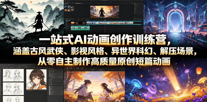 一站式AI动画创作训练营，涵盖古风武侠、影视风格、异世界科幻、解压场景，从零自主制作高质量原创短篇动画青祥项目库-闲云创业网-老谢轻创网-中创网-福缘网-冒泡网-资源之家-魔方项目库青祥项目库