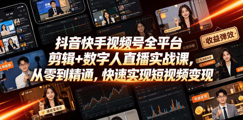 抖音快手视频号全平台剪辑+数字人直播实战课，从零到精通，快速实现短视频变现(更新2026年6月)青祥项目库-闲云创业网-老谢轻创网-中创网-福缘网-冒泡网-资源之家-魔方项目库青祥项目库