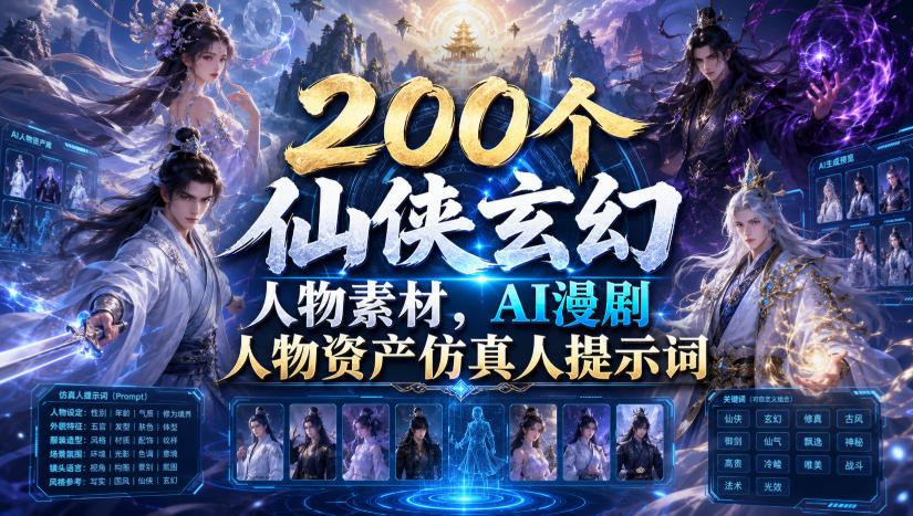 200个仙侠玄幻人物素材，AI漫剧人物资产仿真人提示词青祥项目库-闲云创业网-老谢轻创网-中创网-福缘网-冒泡网-资源之家-魔方项目库青祥项目库