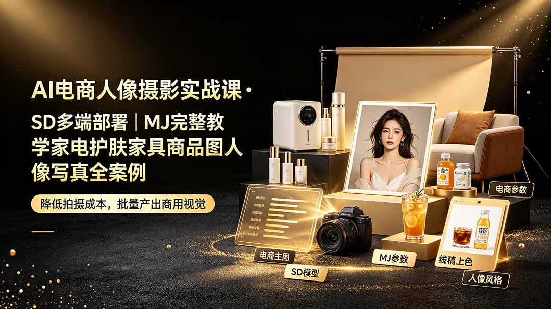 AI电商人像摄影实战课·SD多端部署｜MJ完整教学｜家电护肤家具商品图人像写真全案例青祥项目库-闲云创业网-老谢轻创网-中创网-福缘网-冒泡网-资源之家-魔方项目库青祥项目库