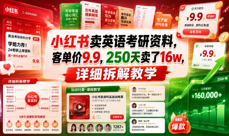 小红书卖英语考研资料，客单价9.9，250天卖了16w，详细拆解教学青祥项目库-闲云创业网-老谢轻创网-中创网-福缘网-冒泡网-资源之家-魔方项目库青祥项目库
