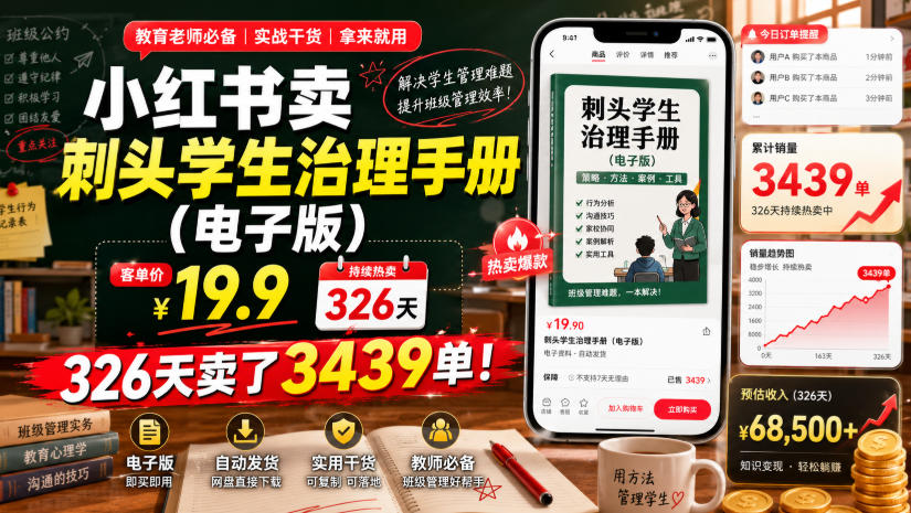 小红书卖刺头学生治理手册(电子版)，客单价19.9，326天卖了3439单！青祥项目库-闲云创业网-老谢轻创网-中创网-福缘网-冒泡网-资源之家-魔方项目库青祥项目库
