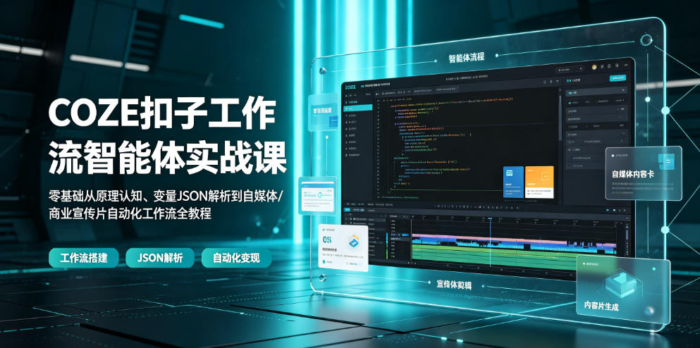 COZE扣子工作流智能体实战课｜零基础从原理认知、变量JSON解析到自媒体/商业宣传片自动化工作流全教程青祥项目库-闲云创业网-老谢轻创网-中创网-福缘网-冒泡网-资源之家-魔方项目库青祥项目库