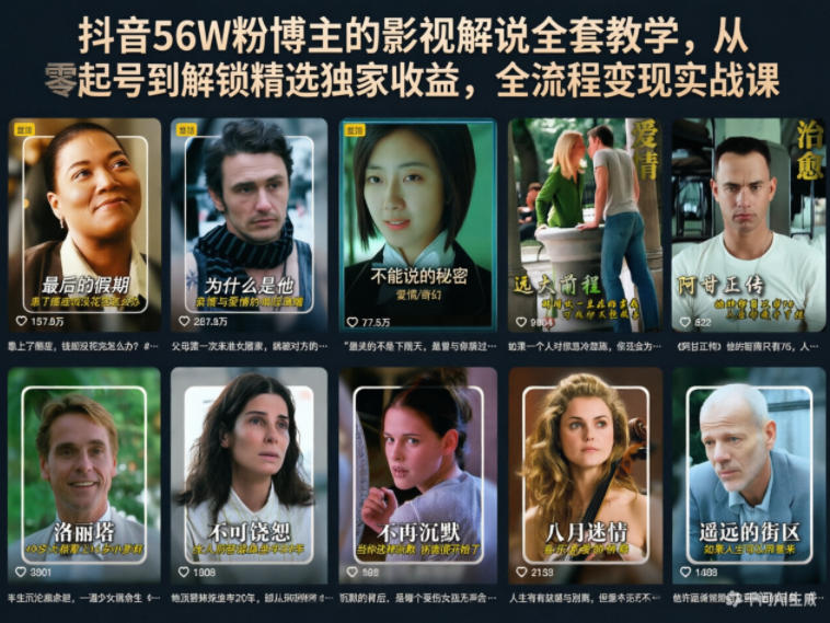抖音56W粉博主的影视解说全套教学，从零起号到解锁精选独家收益，全流程变现实战课青祥项目库-闲云创业网-老谢轻创网-中创网-福缘网-冒泡网-资源之家-魔方项目库青祥项目库