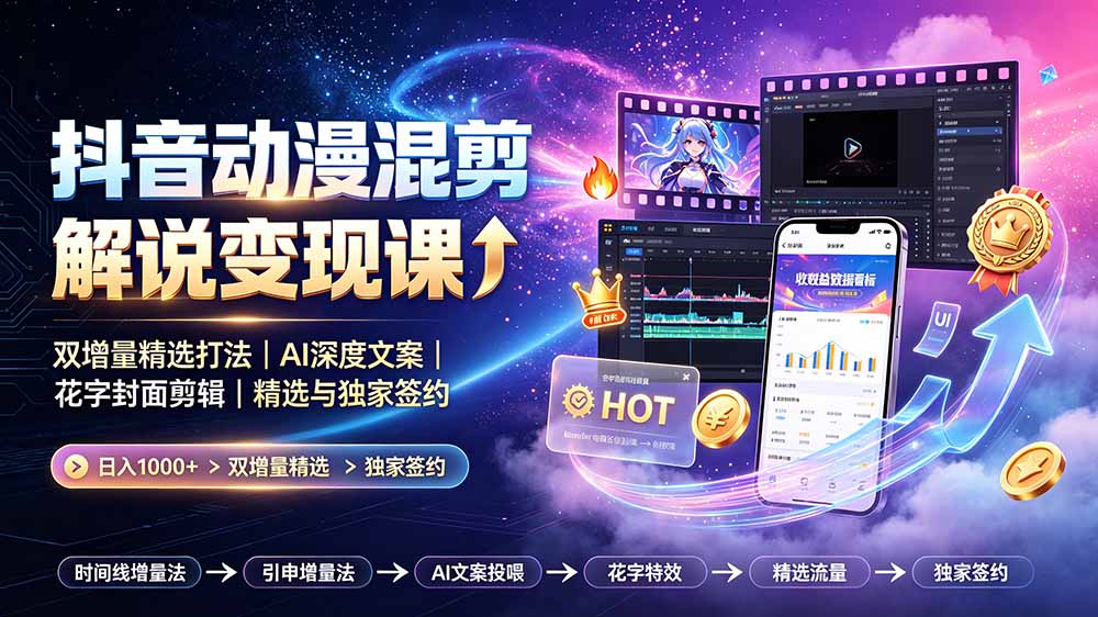 抖音动漫混剪解说变现课:双增量精选打法|AI深度文案|花字封面剪辑| 精选与独家签约日入1000+青祥项目库-闲云创业网-老谢轻创网-中创网-福缘网-冒泡网-资源之家-魔方项目库青祥项目库