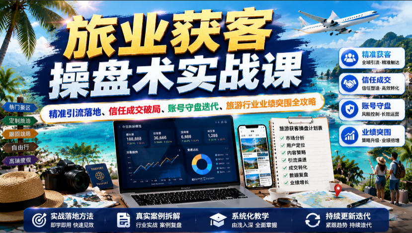 旅业获客操盘术实战课｜精准引流落地、信任成交破局、账号守盘迭代、旅游行业业绩突围全攻略青祥项目库-闲云创业网-老谢轻创网-中创网-福缘网-冒泡网-资源之家-魔方项目库青祥项目库