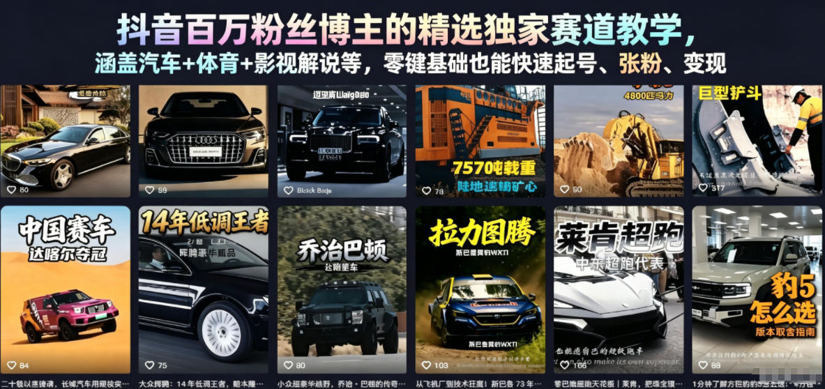 抖音百万粉丝博主的精选独家赛道教学，涵盖汽车+体育+影视解说等，零基础也能快速起号、涨粉、变现青祥项目库-闲云创业网-老谢轻创网-中创网-福缘网-冒泡网-资源之家-魔方项目库青祥项目库