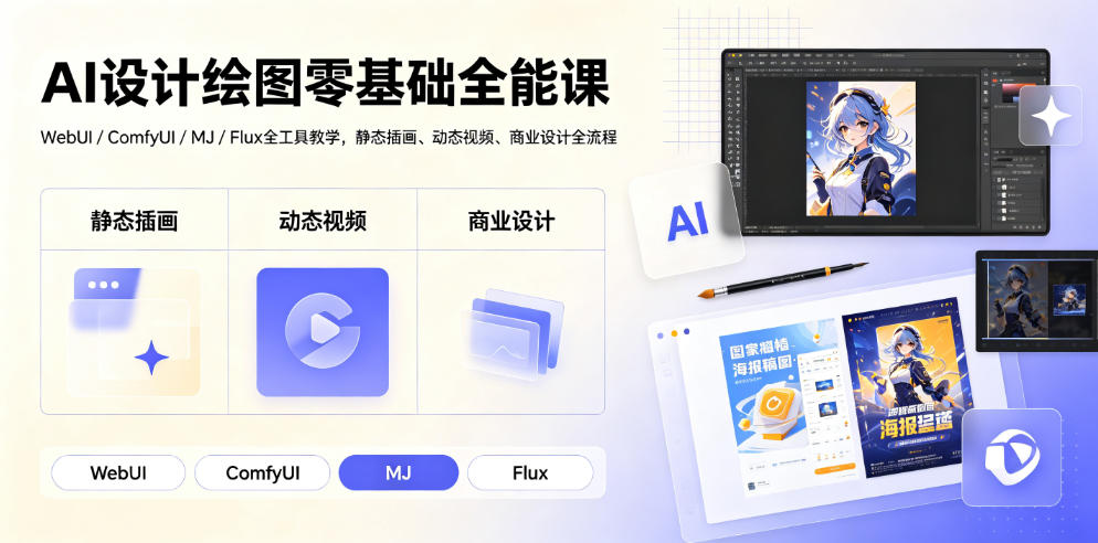 AI设计绘图零基础全能课｜WebUI/ComfyUI/MJ/Flux全工具教学，静态插画、动态视频、商业设计全流程青祥项目库-闲云创业网-老谢轻创网-中创网-福缘网-冒泡网-资源之家-魔方项目库青祥项目库