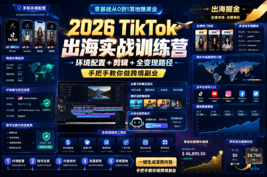 2026 TikTok出海实战训练营，环境配置 + 剪辑 + 全变现路径，手把手教你做跨境副业青祥项目库-闲云创业网-老谢轻创网-中创网-福缘网-冒泡网-资源之家-魔方项目库青祥项目库
