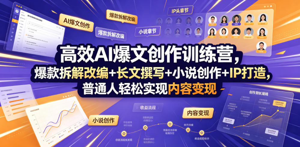 高效AI爆文创作训练营，爆款拆解改编+长文撰写+小说创作+IP打造，普通人轻松实现内容变现青祥项目库-闲云创业网-老谢轻创网-中创网-福缘网-冒泡网-资源之家-魔方项目库青祥项目库