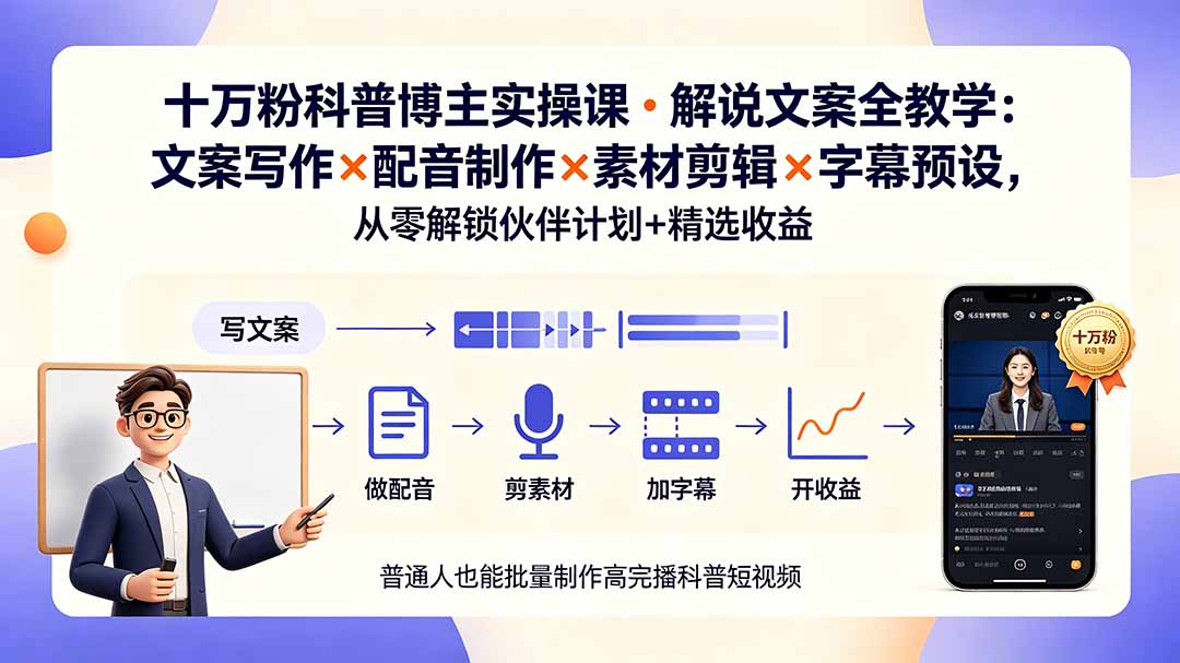 10万粉科普博主实操课-解说文案全教学:文案写作×配音制作×素材剪辑×字幕预设,从零解锁伙伴计划+精选收益青祥项目库-闲云创业网-老谢轻创网-中创网-福缘网-冒泡网-资源之家-魔方项目库青祥项目库