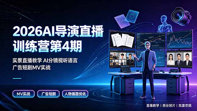 2026AI导演直播训练营第4期，实景直播教学AI分镜视听语言，广告短剧MV实战，解决人物画面崩坏痛点青祥项目库-闲云创业网-老谢轻创网-中创网-福缘网-冒泡网-资源之家-魔方项目库青祥项目库