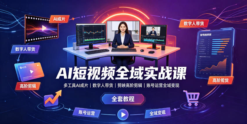 AI短视频全域实战课｜多工具AI成片、数字人带货、剪映高阶剪辑、账号运营全域变现全套教程青祥项目库-闲云创业网-老谢轻创网-中创网-福缘网-冒泡网-资源之家-魔方项目库青祥项目库