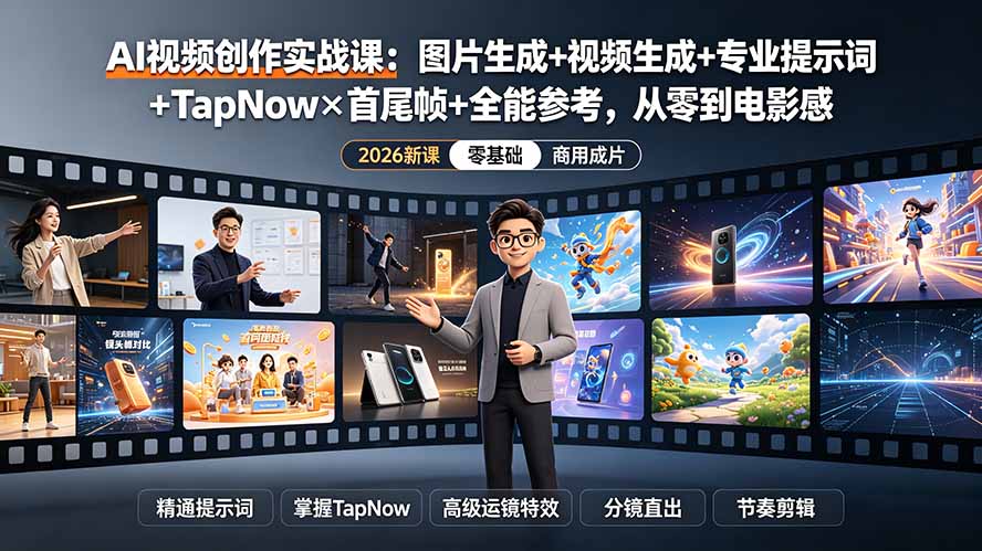 AI视频创作实战课：图片生成+视频生成+专业提示词+TapNow×首尾帧+全能参考，从零到电影感成片青祥项目库-闲云创业网-老谢轻创网-中创网-福缘网-冒泡网-资源之家-魔方项目库青祥项目库