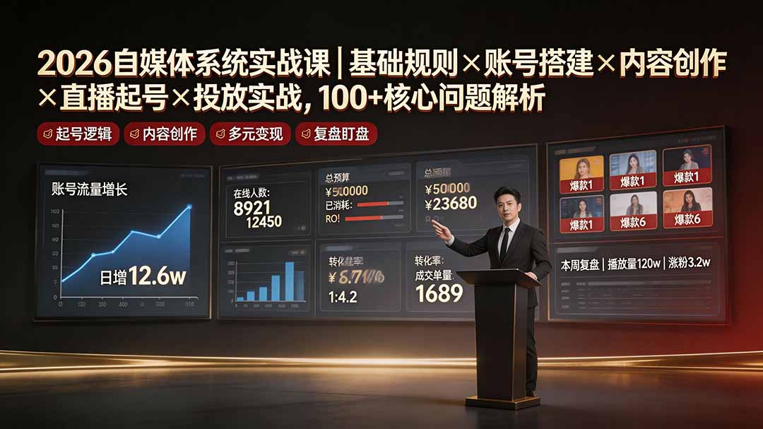 2026自媒体系统实战课｜基础规则×账号搭建×内容创作×直播起号×投放实战，100+核心问题解析青祥项目库-闲云创业网-老谢轻创网-中创网-福缘网-冒泡网-资源之家-魔方项目库青祥项目库