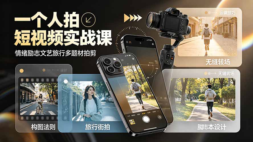 一个人拍短视频实战课：情绪励志文艺旅行多题材×五大景别×黄金构图×八大运镜，从拍摄到成片高效创作青祥项目库-闲云创业网-老谢轻创网-中创网-福缘网-冒泡网-资源之家-魔方项目库青祥项目库