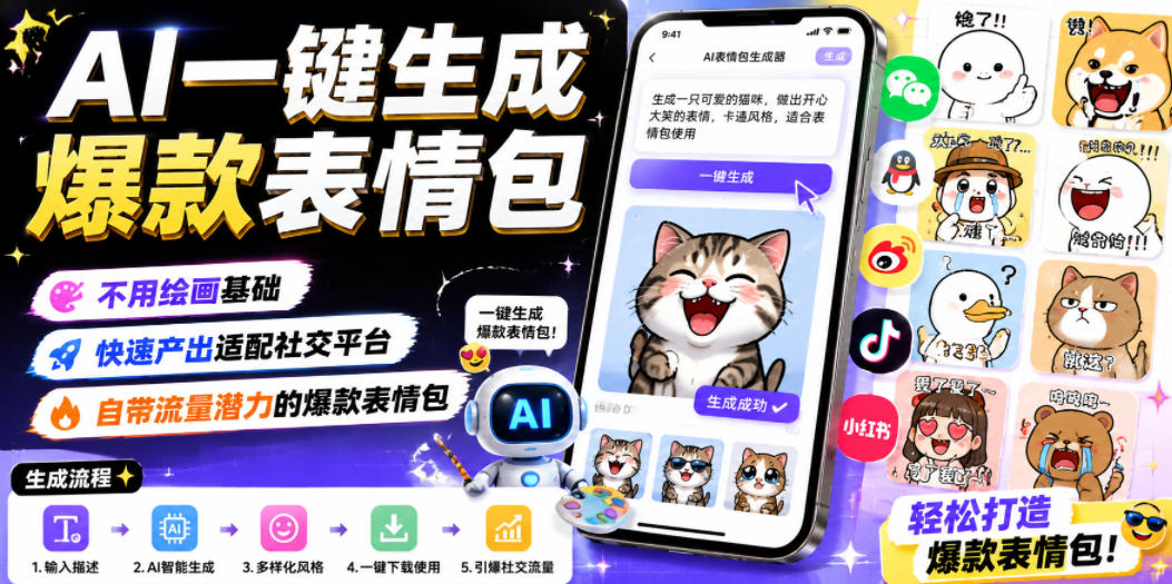 AI一键生成爆款表情包,不用绘画基础,快速产出适配社交平台,自带流量潜力的爆款表情包青祥项目库-闲云创业网-老谢轻创网-中创网-福缘网-冒泡网-资源之家-魔方项目库青祥项目库