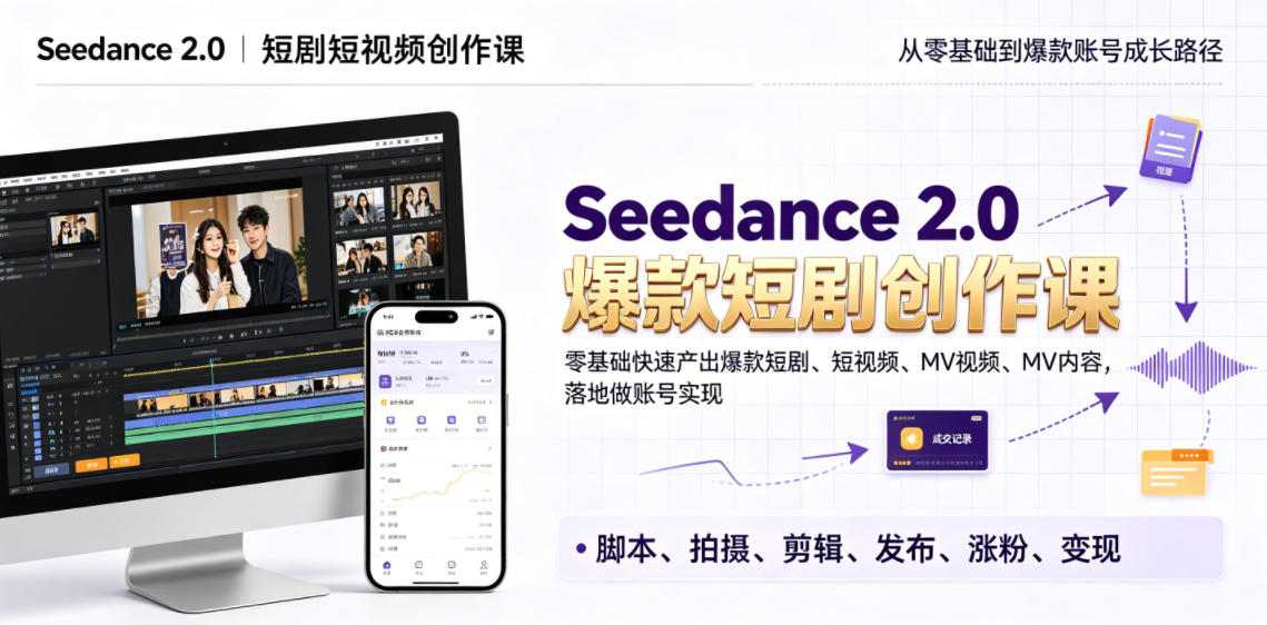 Seedance 2.0短剧短视频创作课，零基础快速产出爆款短剧、短视频、MV内容，落地做账号实现变现青祥项目库-闲云创业网-老谢轻创网-中创网-福缘网-冒泡网-资源之家-魔方项目库青祥项目库