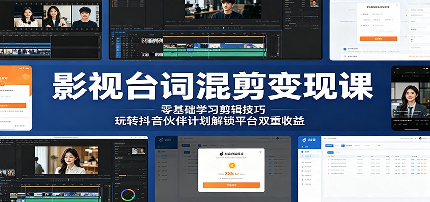 影视台词混剪变现课：零基础学习剪辑技巧，玩转抖音伙伴计划解锁平台双重收益青祥项目库-闲云创业网-老谢轻创网-中创网-福缘网-冒泡网-资源之家-魔方项目库青祥项目库
