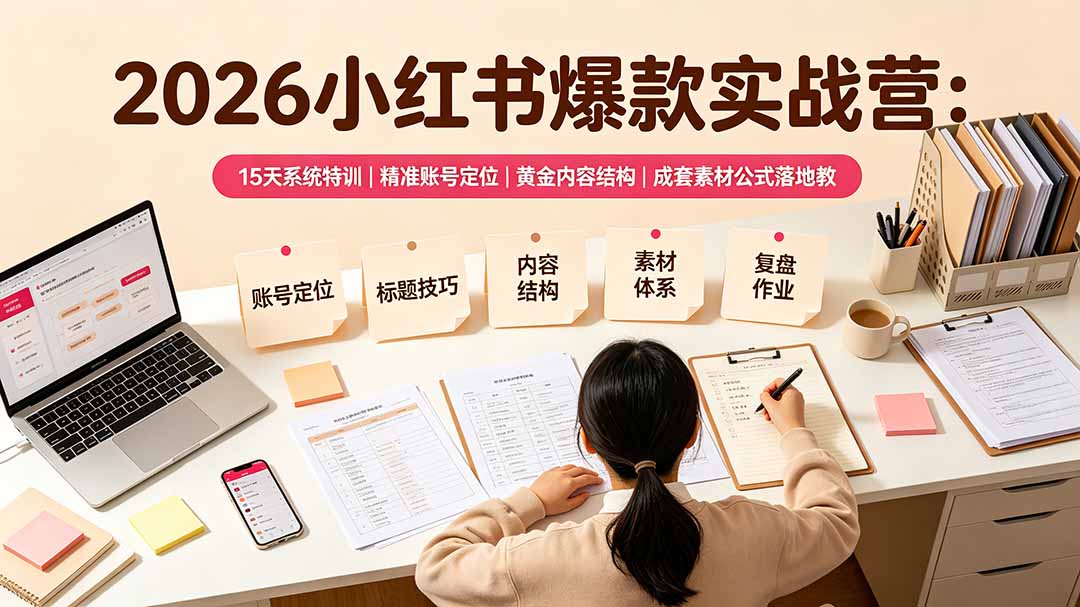 2026小红书爆款实战营：15天系统特训｜精准账号定位｜黄金内容结构｜成套素材公式落地教程青祥项目库-闲云创业网-老谢轻创网-中创网-福缘网-冒泡网-资源之家-魔方项目库青祥项目库