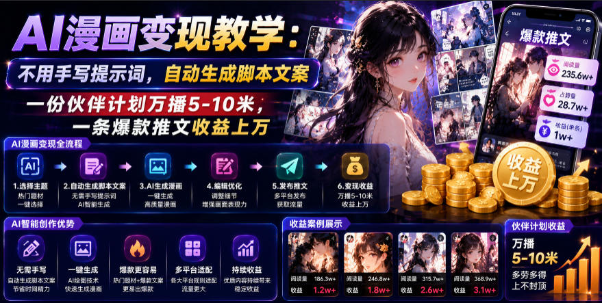 AI漫画变现教学：不用手写提示词，自动生成脚本文案，一份伙伴计划万播5-10米，一条爆款推文收益上W青祥项目库-闲云创业网-老谢轻创网-中创网-福缘网-冒泡网-资源之家-魔方项目库青祥项目库