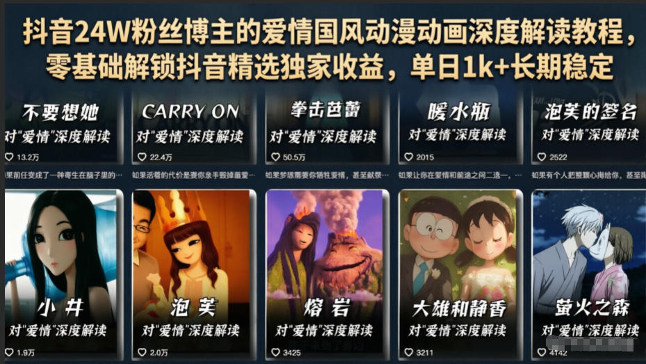 抖音24W粉丝博主的爱情国风动漫动画深度解读教程，零基础解锁抖音精选独家收益，单日1k+长期稳定青祥项目库-闲云创业网-老谢轻创网-中创网-福缘网-冒泡网-资源之家-魔方项目库青祥项目库