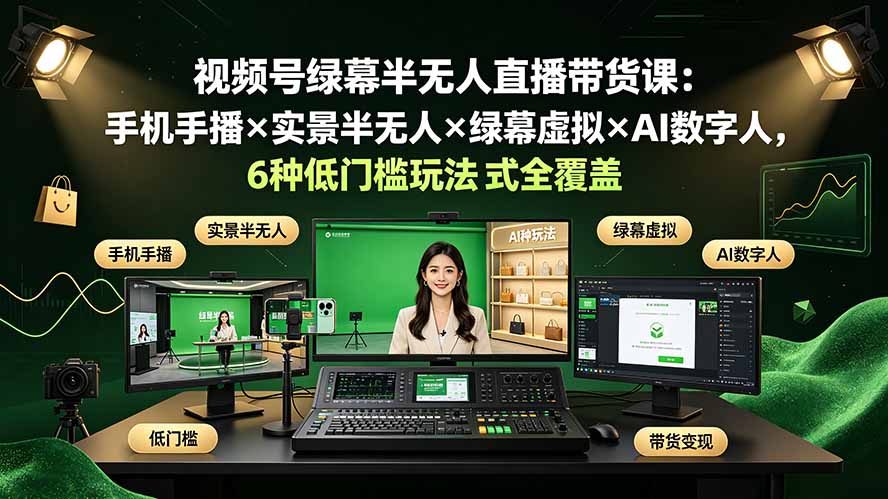 视频号绿幕半无人直播带货课：手机手播×实景半无人×绿幕虚拟×AI数字人，6种低门槛玩法全覆盖青祥项目库-闲云创业网-老谢轻创网-中创网-福缘网-冒泡网-资源之家-魔方项目库青祥项目库